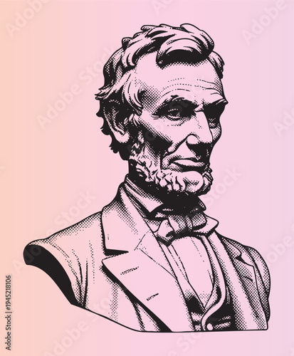 Classic halftone illustration of a historical bearded figure in formal attire looking contemplative