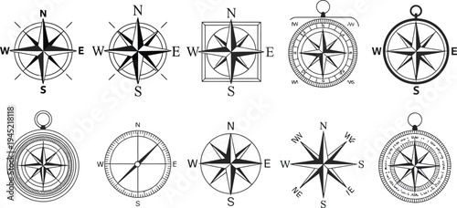 Compass rose icon set, vector black and white symbols featuring cardinal points and wind rose designs for navigation, orientation, and map design projects.