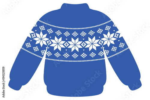 Blue knitted pullover sweater with traditional nordic snowflake pattern design for winter season