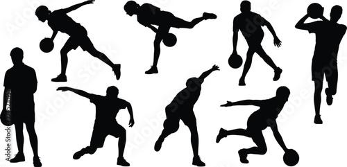 Silhouettes of Male Athletes Playing Bowling in Dynamic Poses sport player