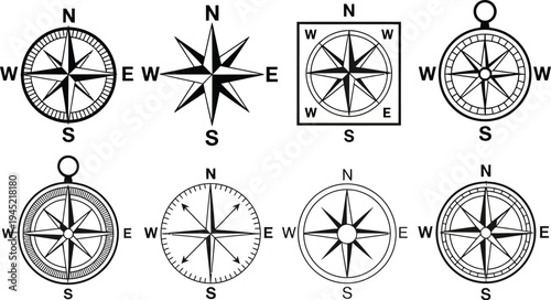 Compass rose icon set, collection of black and white navigation and wind rose icons with cardinal directions for maps maritime navigation and direction finding tools.