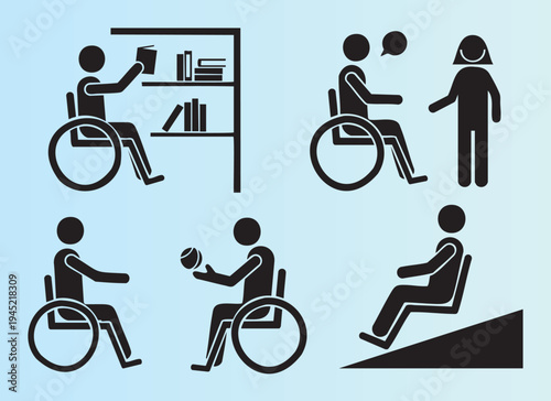 Collection of accessibility icons showing people in wheelchairs engaging in various daily activities and interactions