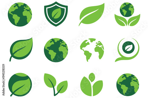 collection of green eco icons on transparent background representing nature conservation sustainability and clean energy with globes leaves and shields