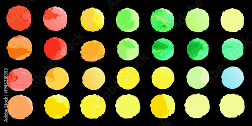 Collection of colorful abstract watercolor blots arranged in neat rows