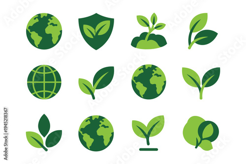 collection of green eco and nature icons on transparent background with globes leaves plants shields and sprouting seedlings
