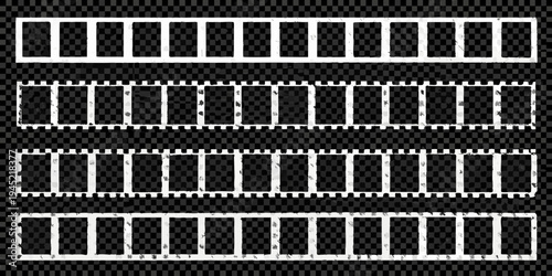 Four strips of transparent film negatives with sprocket holes