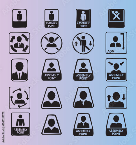 Collection of assembly point and emergency evacuation signs with various icons and symbols displayed clearly