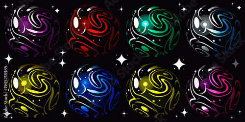 A collection of brightly colored swirling decorative easter eggs against black