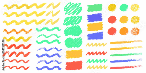 Colorful crayon scribbles and doodles on a stark white background