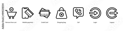 Online Transactions web banner illustration featuring Remove from Cart, Mobile Payment, Credit Card, Shopping Bag, Call, Login, and Logout.