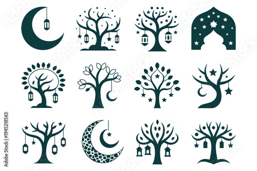 Collection of stylized trees decorated with lanterns stars and crescent moons representing nature and islamic festive atmosphere elements