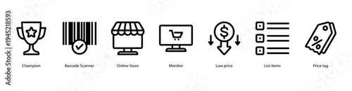 Digital Retail Tools web banner icon vector illustration featuring Champion, Barcode Scanner, Online Store, Monitor, Low Price, List Items, and Price Tag.