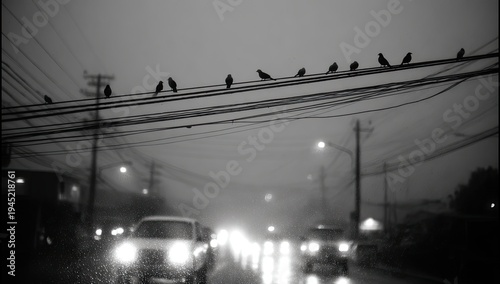 A grayscale view of birds perched on power lines over a rainy, blurred road with car headlights