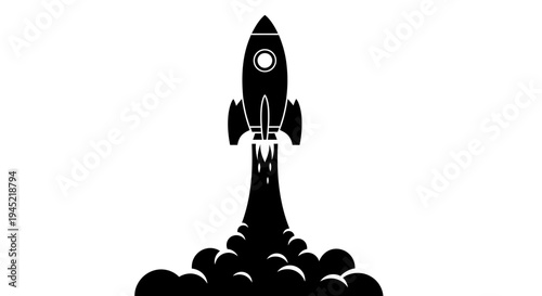 Black silhouette of a rocket launching into space with smoke and fire