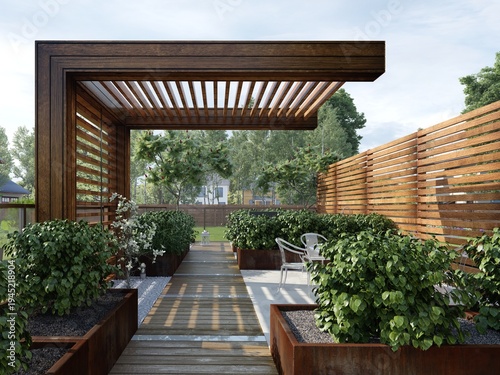 Modern outdoor terrace with wooden pergola and corten steel planters. 3D rendering of patio