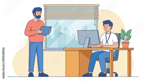 Colleagues Discussing Project on Tablet in Modern Office