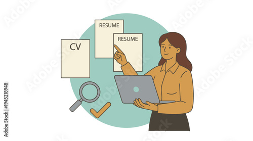 Woman Reviewing Cv and Resumes on Laptop