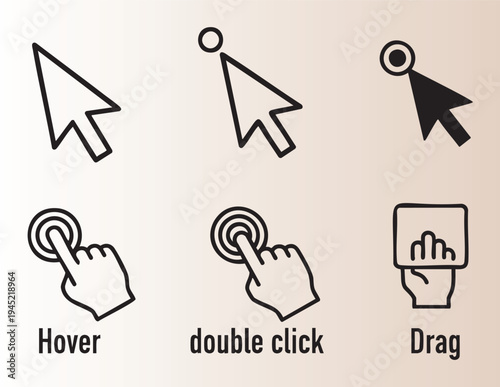 Collection of computer mouse cursor icons showing hover click and drag actions isolated illustration