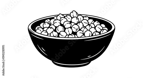 Bowl of Chickpeas, Healthy Legumes, Food Ingredient, Black and White Illustration