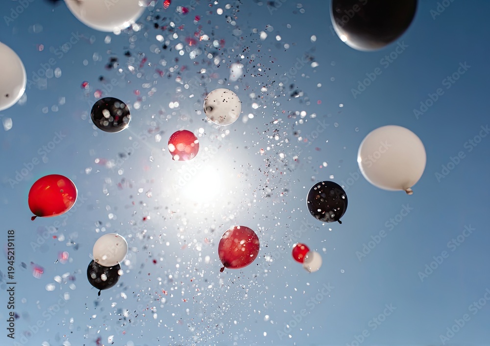 Fototapeta premium Colorful balloons and confetti ascend into a bright blue sky