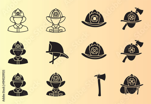 Collection of detailed firefighter helmet and firefighter icons with axe tools and symbols