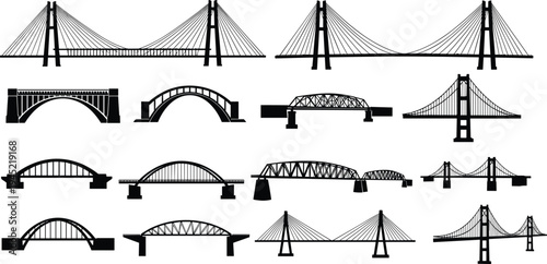 Collection of black bridge silhouettes including suspension cable stayed arch and truss bridge icons isolated on a white background vector