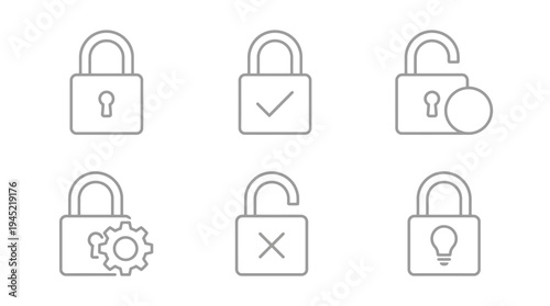 Set of six vector padlock icons in gray line art on white background for security and privacy designs