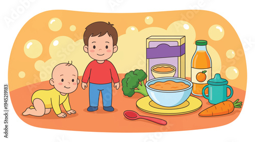 Boy and Baby with Baby Food and Juice
