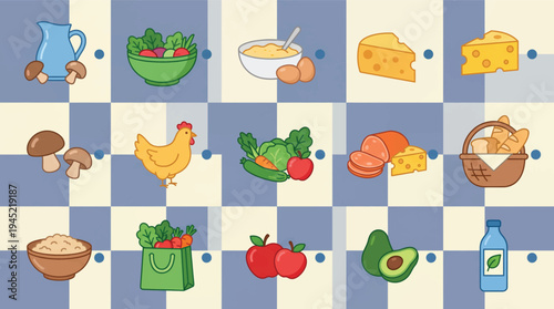 Cute Food Illustrations in a Grid Pattern