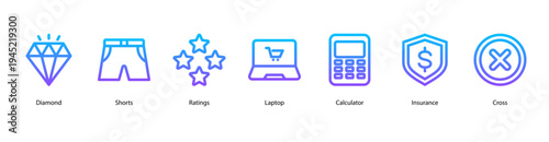 Luxury and Value web banner icon vector illustration featuring Diamond, Shorts, Ratings, Laptop, Calculator, Insurance, and Cross.