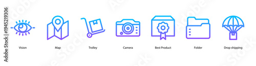 Smart Shopping Journey web banner icon vector illustration featuring Vision, Map, Trolley, Camera, Best Product, Folder, and Drop Shipping.