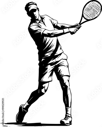 Professional Tennis Forehand Swing Illustration, Racket Sport Athlete Graphic for Tournament Poster, Logo and Sportswear Design