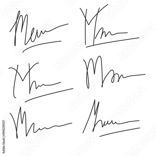 Handwritten collection of fake scribble signature in ink. Handwritten set of inked autographs. Collection of imaginary scribble signatures in eps 10.