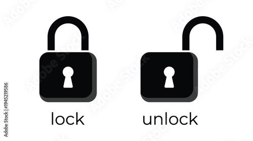Vector graphic illustration of black lock and unlock icons with keyhole