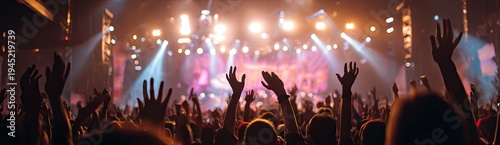Audience with hands raised at a concert with bright stage lights