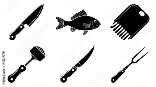 Black and white fishing icons set with fish hook lure bait and marine equipment symbols