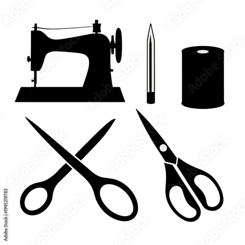 Vintage sewing tools and accessories set with scissors needle and machine isolated on white background vector illustration