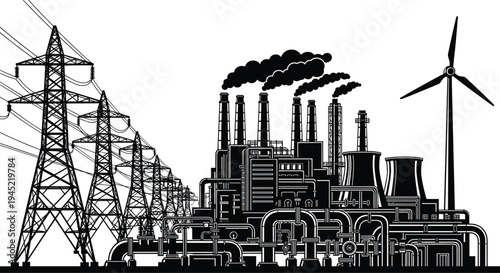 Electricity Substation with High Voltage Power Line Towers and Transformers Silhouette Cad Drawing Flat Vector Illustration Isolated on White Background