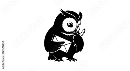 Wise Owl Holding Envelope and Pen - Black and White Silhouette Logo