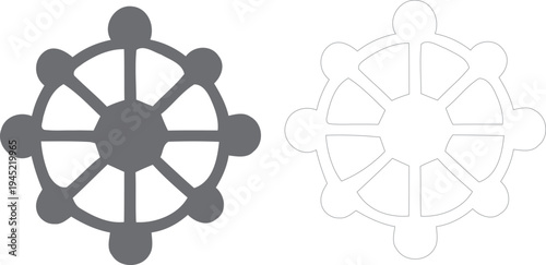 A grayscale image of two ship wheel icons with varying opacity on a white background