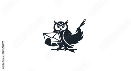 Wise Owl Holding Mail and Pen Logo - Symbol of Knowledge, Communication, and Wisdom