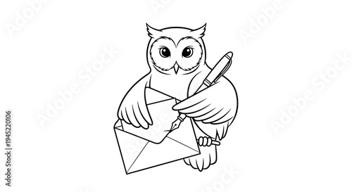 Wise Owl Writing Letter with Pen and Envelope - Mascot Logo