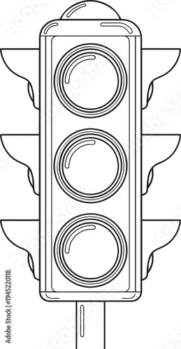 Black and white outline of a traffic light with three circular lenses and visors signal traffic control