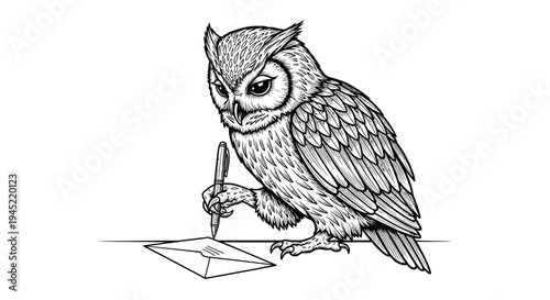 Wise Owl Writing Letter with Pen, Vintage Illustration