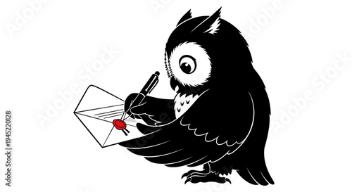 Wise Owl Writing Letter with Wax Seal, Black Silhouette, Knowledge, Education, Communication Concept