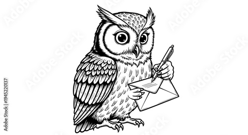 Wise Owl Writing Letter with Quill Pen and Envelope, Black and White Illustration