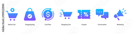 E-Commerce Essentials web banner icon vector illustration featuring Add to Cart, Shopping Bag, Cash Flow, Shopping Cart, Coupon, Conversation, and Marketing.