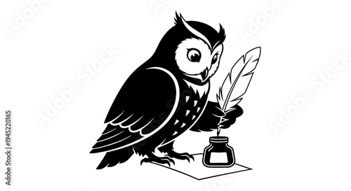 Wise Owl Writing with Feather Pen and Inkwell, Symbol of Knowledge and Education