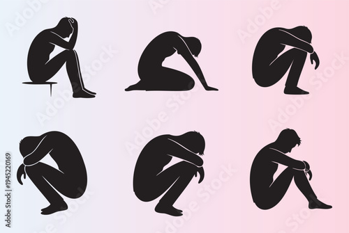 Collection of emotional human silhouettes in various sad and depressed poses expressing sorrow