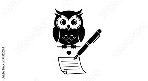 Wise Owl Writing with Pen and Paper, Symbol of Knowledge and Creativity